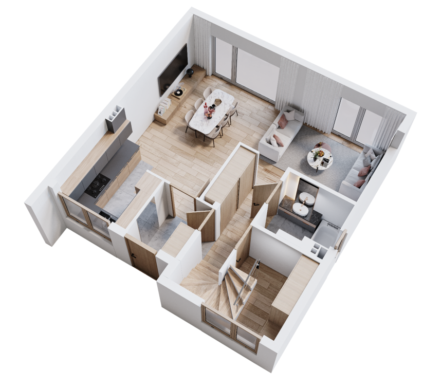 Parter z przestronną częścią dzienną 