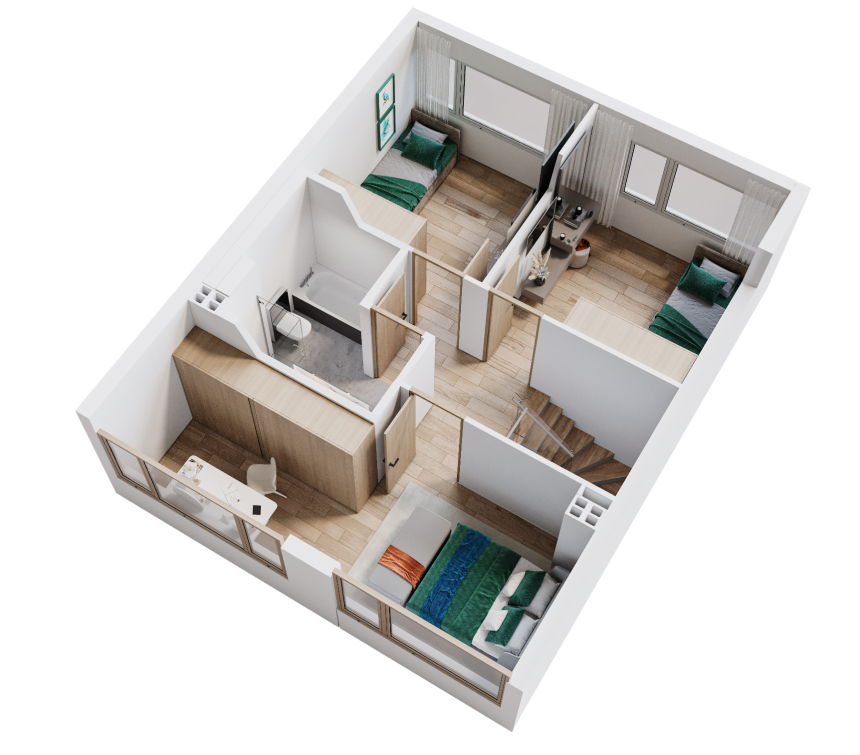 Piętro z sypialnią małżeńską i dwoma pokojami dla dzieci