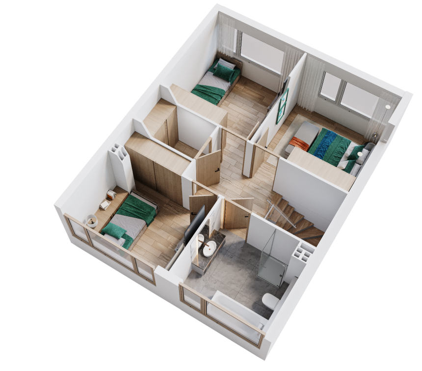 Wariant  z trzema sypialniami i łazienką z oknem